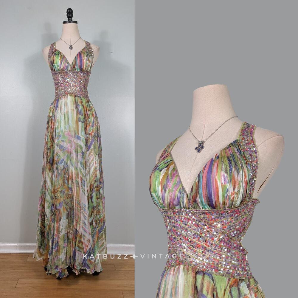 Vintage Jovani Prom Dress Maxi Gown 4 Silk Multicolor Y2K Floral Glam Bead
